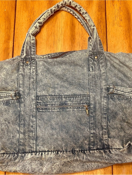 None Handbags - Vintage Acid Washed Blue Denim Tote Bag-Numerous Pockets/Zippers
